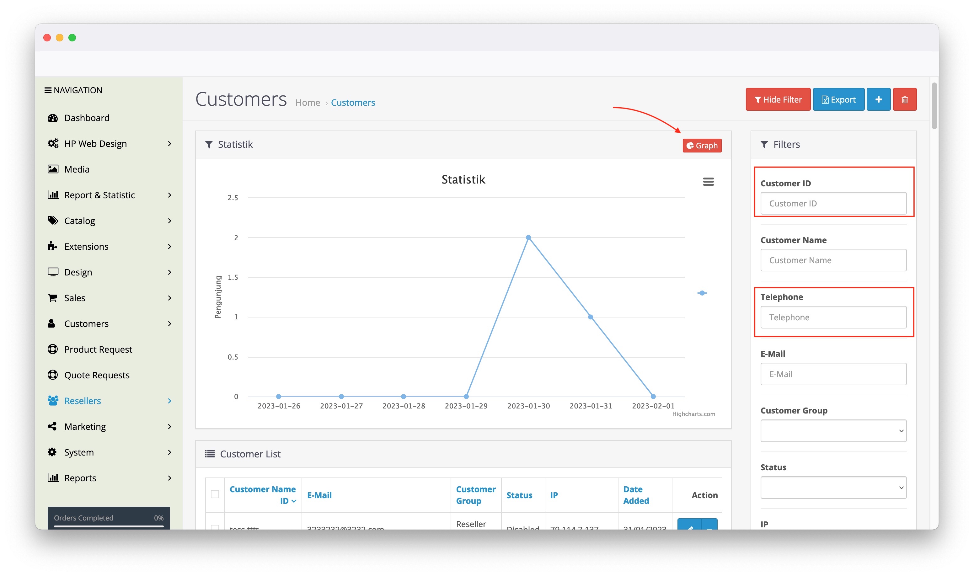 customer enhancemen on with statistic and phone filter opencart